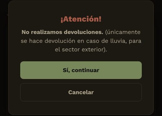 Aviso de no devoluciones con el botón Sí, continuar