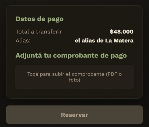 Pantalla de pago con el alias y el lugar para subir el comprobante
